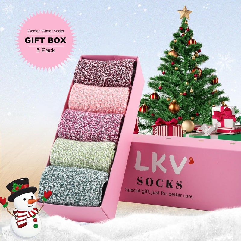 Lisacool 5 Pairs Womens Wool Socks - Winter Warm Socks - Thick Thermal Knit Vintage Cozy Crew Soft Gifts for Women - Image 2